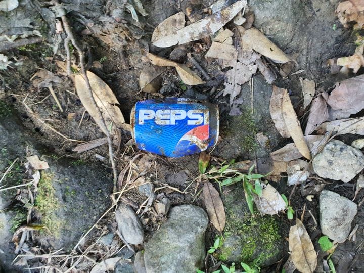 An old Pepsi can caked with dirt.